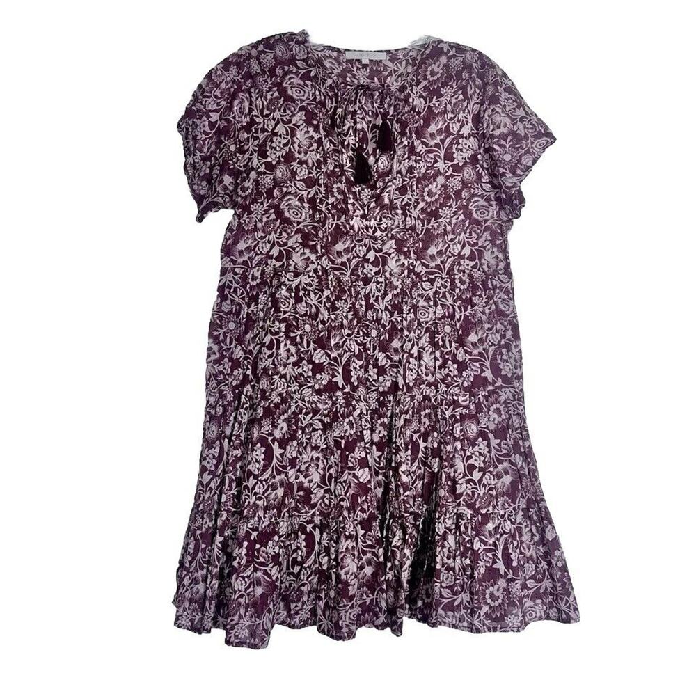 Olivaceous Floral Tiered Dress Womens Large Burgundy Microfloral Boho Hippie